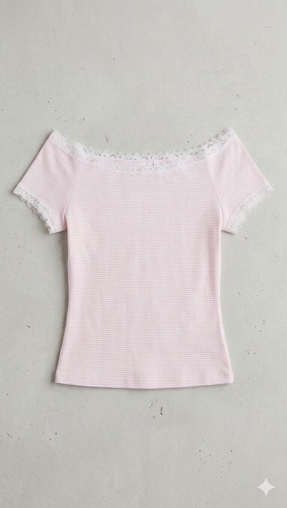 Off-Shoulder Lace Trim Striped Tee