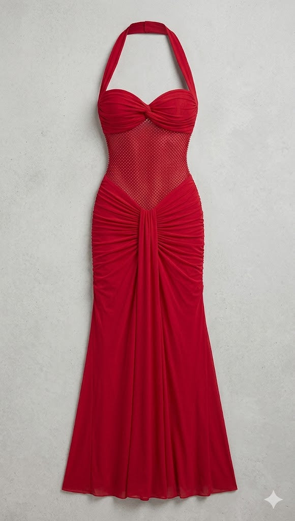 Sweetheart Halter Maxi Dress with Sheer Mesh Midriff
