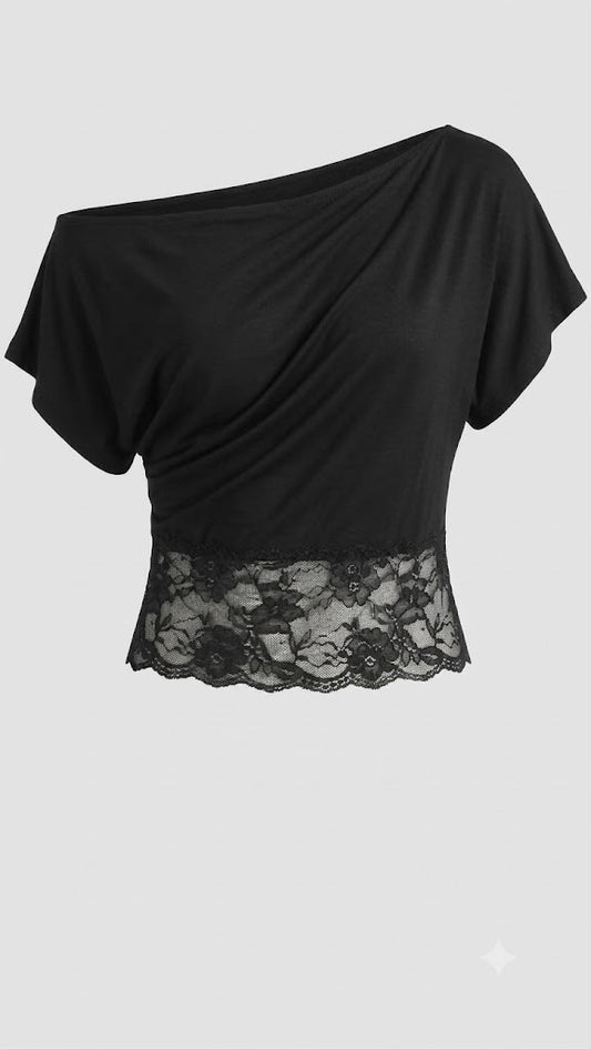Obsidian One-Shoulder Lace Crop