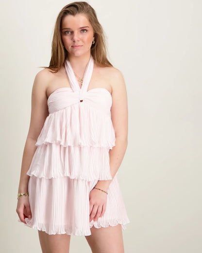 Ruffle Tiered Halter Babydoll Dress in Blush Pink