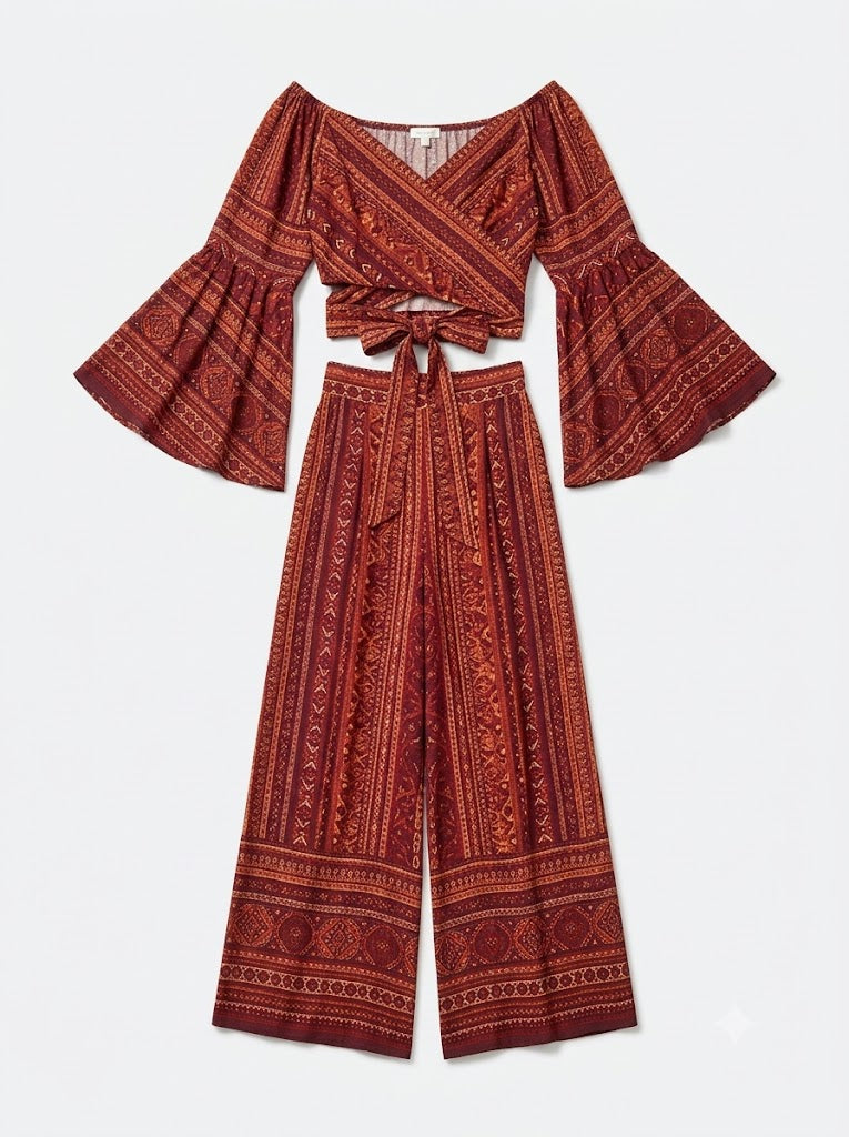 Marrakesh Bell-Sleeve Crop & Wide-Leg Set