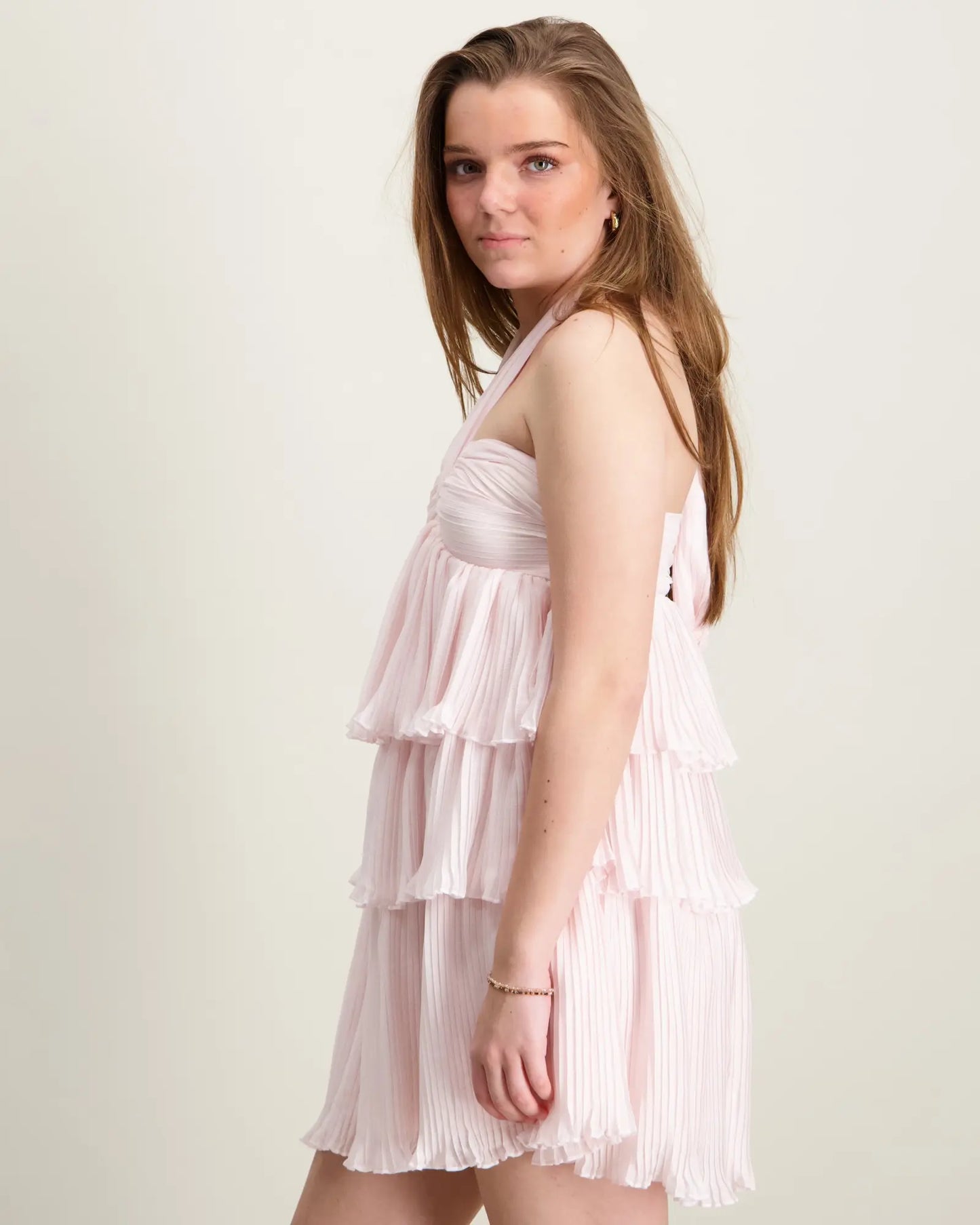 Ruffle Tiered Halter Babydoll Dress in Blush Pink