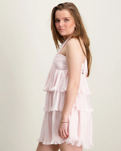Ruffle Tiered Halter Babydoll Dress in Blush Pink