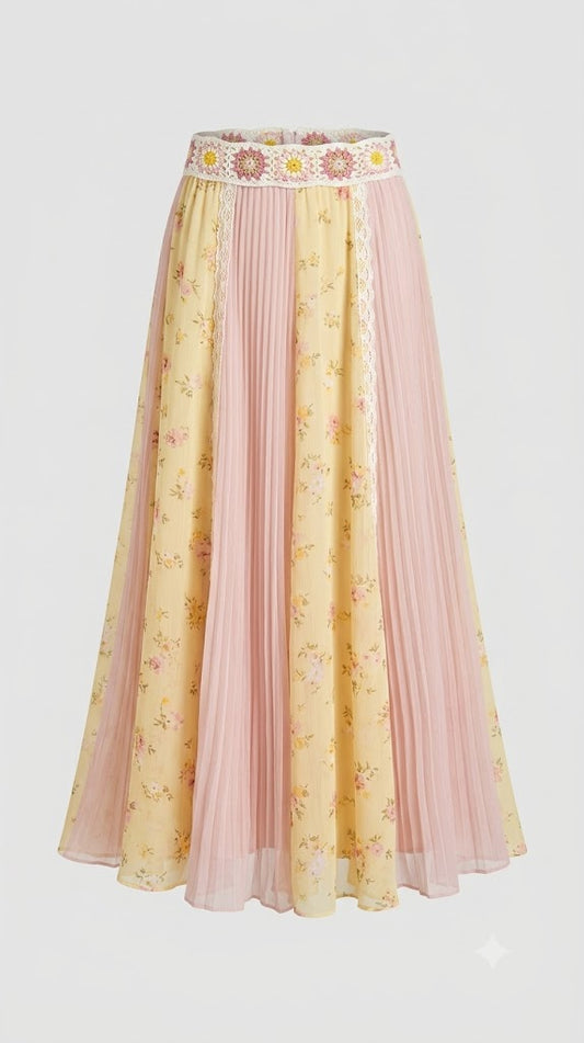 Primavera Crochet-Waist Pleated Skirt