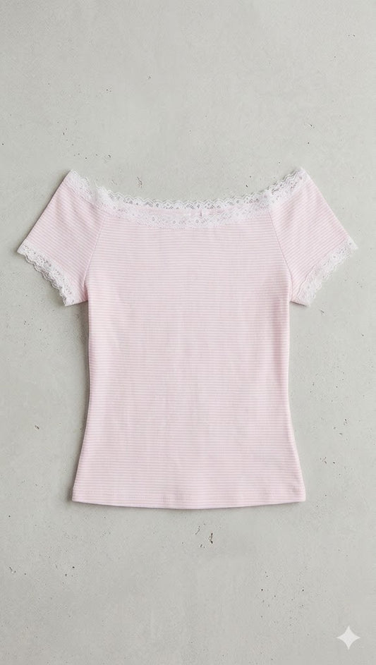 Off-Shoulder Lace Trim Striped Tee
