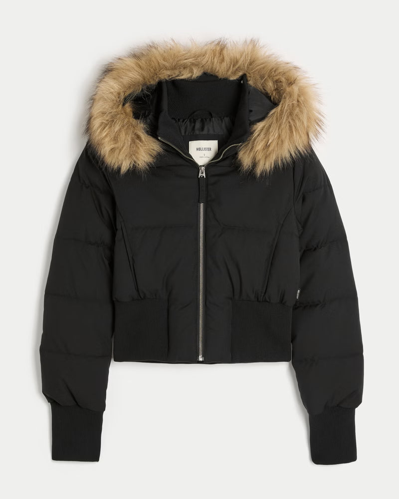 Faux-Fur Hooded Cropped Puffer