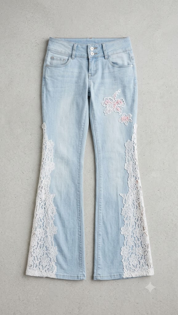 Low-Rise Double-Button Flare Denim with Floral Appliqué