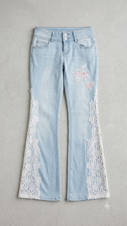 Low-Rise Double-Button Flare Denim with Floral Appliqué