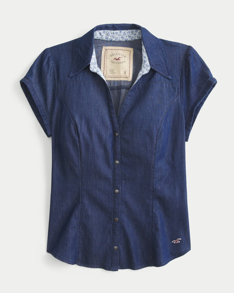Vintage Wash Fitted Denim Short-Sleeve Blouse