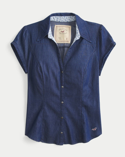 Vintage Wash Fitted Denim Short-Sleeve Blouse