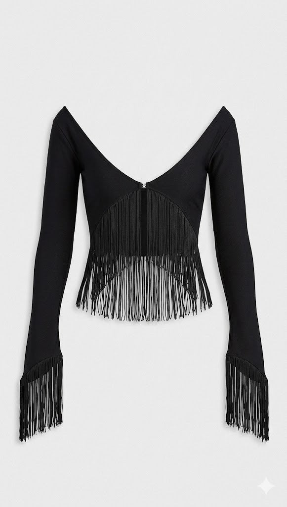 Cleo Flared Sleeve Fringe Crop